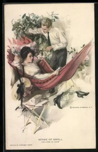 Künstler-AK Harrison Fisher: Sense of Smell, Mann neckt schlafende Dame mit Rosenblüte