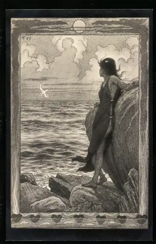 Künstler-AK Fidus: Am Gestade, die Frau blickt verträumt aufs Meer