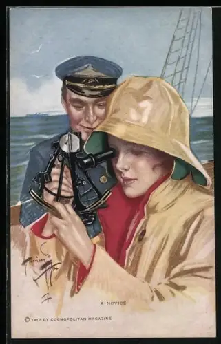 Künstler-AK Harrison Fisher: A Novice, Frau wird in den Gebrauch des Sextanten eingewiesen