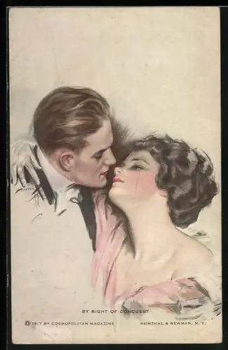 Künstler-AK Harrison Fisher: By Right of Conquest, Liebespaar kurz vorm leidenschaftlichen Kuss