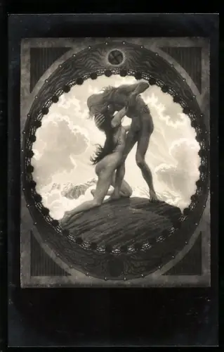 Künstler-AK Fidus: Die Erde, Nacktes Paar auf einem Felsen