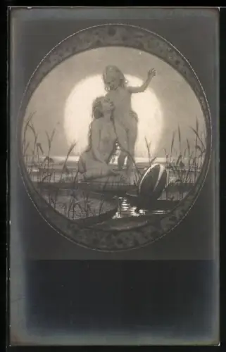 Künstler-AK Fidus: Vom Himmel, Nackte Mutter mit Sohn am Seerosenteich