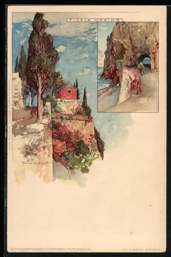 Künstler-AK Manuel Wielandt: Finale Marina, Küstenstrasse mit Pferdewagen, Hausansicht