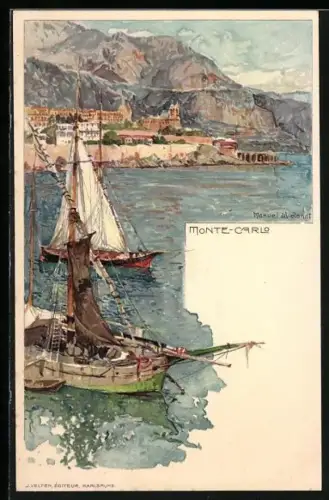 Künstler-AK Manuel Wielandt: Monte-Carlo, Blick zum Ort an der Küste mit Segelbooten