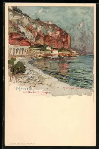 Künstler-Lithographie Manuel Wielandt: Menton, Les Rochers rouges