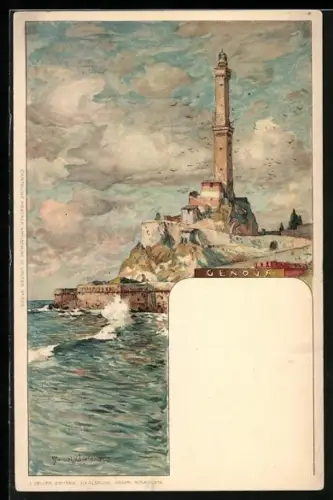Künstler-AK Manuel Wielandt: Genova, Partie an der Küste mit Leuchtturm