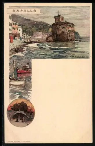 Künstler-AK Manuel Wielandt: Rapallo, die Hafenburg, Brückenpartie im Sonnenuntergang