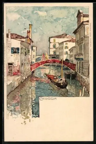 Künstler-AK Manuel Wielandt: Chioggia, Blick auf Kanal mit Segelboot und Brücke mit Häusern