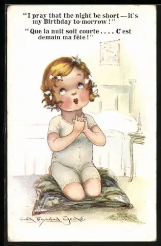 Künstler-AK sign.Gwen Hayward Young: Mädchen wünscht sich eine kurze Nacht