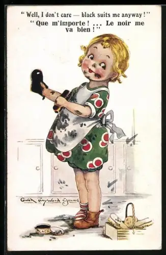 Künstler-AK sign.Gwen Hayward Young: Mädchen macht Schuhe schwarz