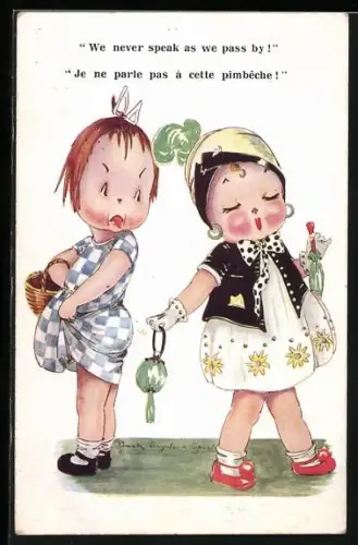 Künstler-AK armes Mädchen streckt einem wohlhabenden Mädchen die Zunge heraus