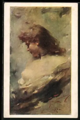 Künstler-AK Franciszek Zmurko: Dame mit entblösster Brust blickt abwärts