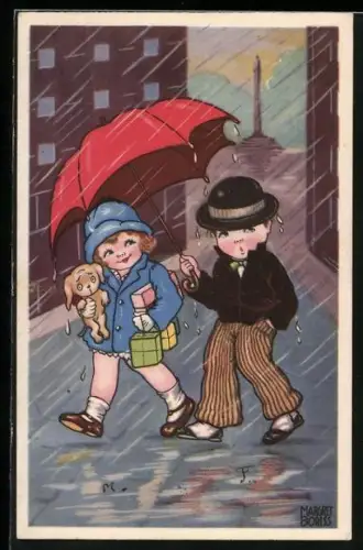 Künstler-AK Margret Boriss: Ein Junge geleitet ein Mädchen durch den Regen, Geschenke und ein Hund