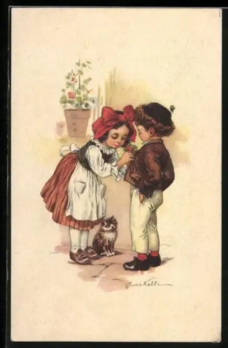 Künstler-AK Castelli: Mädchen schenkt einem Jungen Blumen