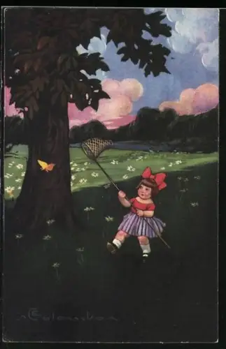 Künstler-AK E. Colombo: Mädchen mit Käscher fängt einen Schmetterling