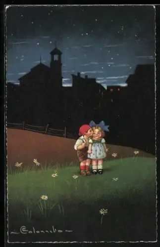 Künstler-AK E. Colombo: Kleiner Junge küsst seine Geliebte bei Nacht