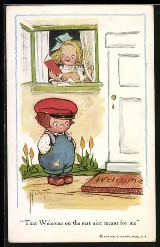 Künstler-AK sign. G. G. Drayton: Mädchen nascht aus Pralinenschachtel und freut sich, Junge steht traurig vor Tür