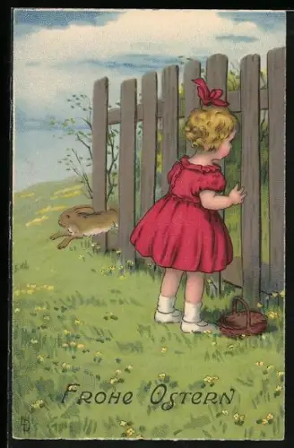 Künstler-AK Lia Döring: Mädchen blickt durch einen Zaun und sucht den Osterhasen, Frohe Ostern!