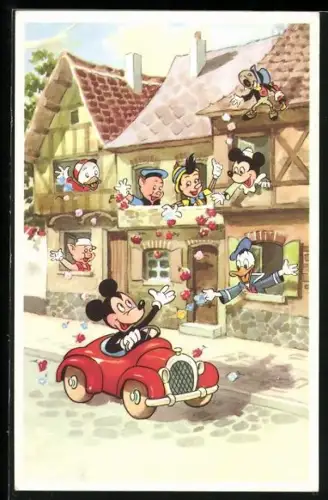 AK Micky Maus fährt Auto, Donald Duck und Freund