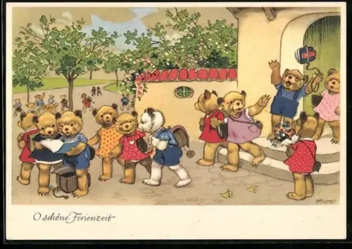 Künstler-AK F.Baumgarten: O schöne Ferienzeit, die Bärenkinder verlassen die Schule