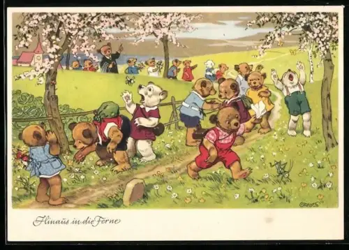 Künstler-AK Fritz Baumgarten: Hinaus in die Ferne, Schulausflüg der Bärenkinder