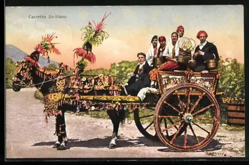 AK Caretto Siciliano, Eselgespann im Festschmuck mit Leuten