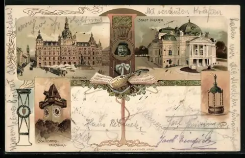 Lithographie Graz, Stadt-Theater, Schlossberg-Uhrturm, Landhaus-Brunnen