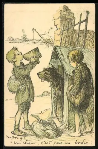 Künstler-AK Francisque Poulbot: Un chien, c`est pas un boche, Jungs trinken aus dem Hundenapf