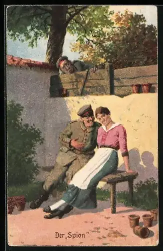 Künstler-AK Arthur Thiele unsign.: Nr.6, Der Spion, Soldat sitzt mit einer Frau auf der Bank, ein anderer guckt zu