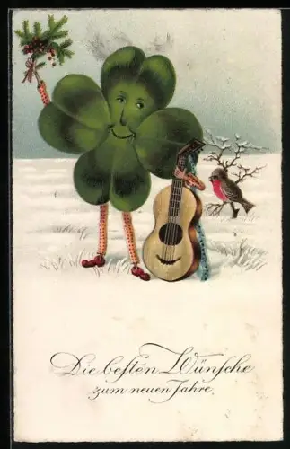 AK Vermenschlichtes Kleeblatt mit Gitarre, Neujahrsgruss