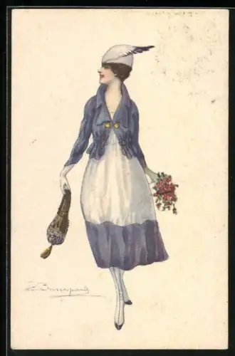 Künstler-AK Sergio Bompard: Elegante Dame in blau-weissem Kleid mit Jacke