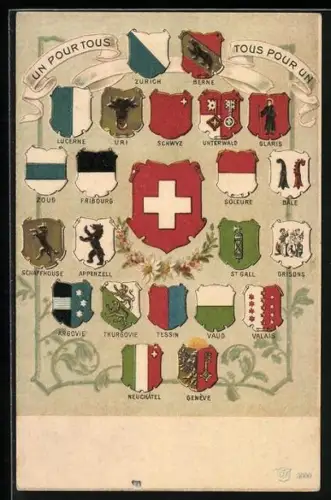 AK Schweizer Wappen mit Motto Un pour tous, tous pour un