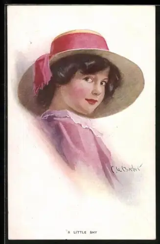 Künstler-AK Court Barber: A little shy, Frau in rosa Bluse mit Hut