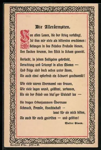 AK Gedicht Die Allerärmsten von Walter Bloem, Volksspende für deutsche Kriegs- und Zivilgefangene 1916