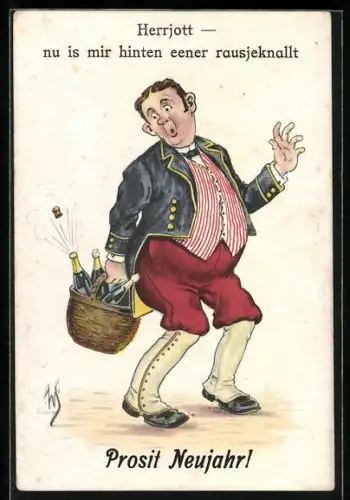 Künstler-AK Willi Scheuermann: Herrjott - nu is mir hinten eener rausjeknallt, Korken springt aus der Sektflasche