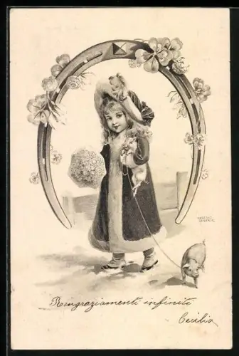 Künstler-AK R. Hegedüs-Geiger: Mädchen im Wintermantel trägt ein Ferkel auf dem Arm, Hufeisen