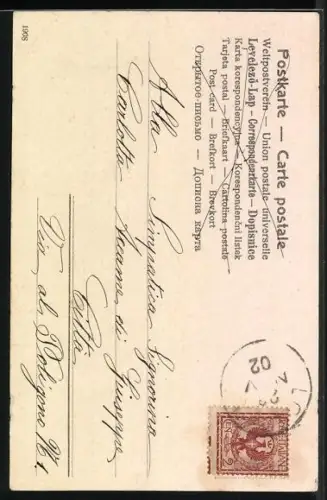 Künstler-AK R. Hegedüs-Geiger: Mädchen im Wintermantel trägt ein Ferkel auf dem Arm, Hufeisen