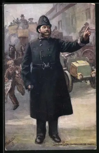 Künstler-AK London, Polizei regelt den Verkehr, Police controlling the Traffic