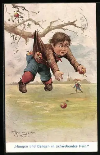 Künstler-AK Max Kuglmayr: Junge mit Äpfeln in den Taschen hängt am Baum