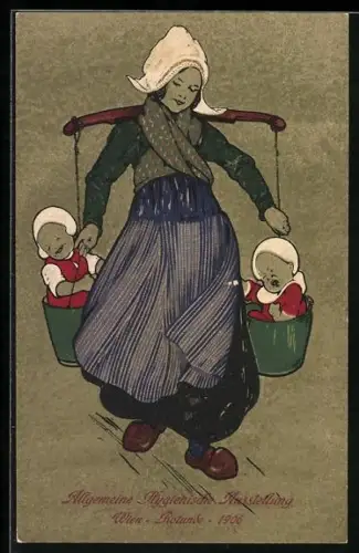 AK Niederländische Frau mit Kindern in Wassereimern