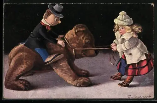Künstler-AK Fritz Hildebrandt: Zwei Puppen spielen mit einem Steiff-Bären