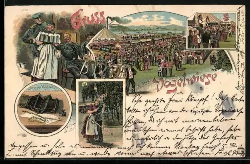 Lithographie Dresdner Vogelwiese, Berg u. Thal-Bahn, Wiese mit Feiernden