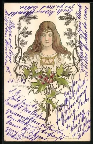 Künstler-AK E. Döcker: junge Frau im Jugendstil von Beerenblättern umgeben