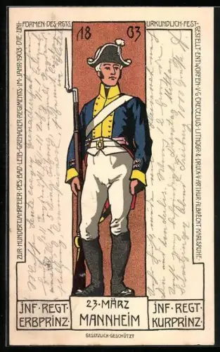 Künstler-AK Mannheim, 100. Jubiläum des Bad. Leib-Grenadier-Regiments 1903, Soldat in Uniform aus dem Jahr 1803
