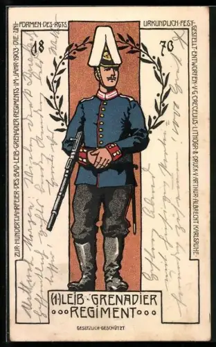Künstler-AK 100. Jubiläum des Bad. Leib-Grenadier-Regiments 1903, Soldat in Uniform aus dem Jahr 1870