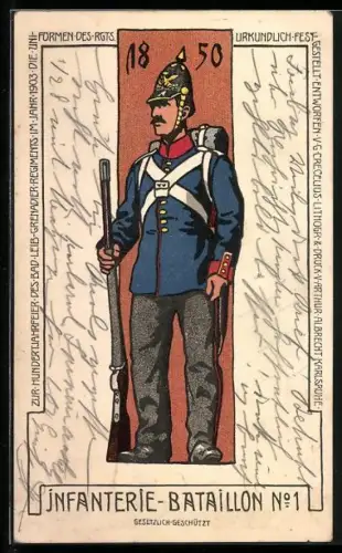 Künstler-AK 100. Jubiläum des Bad. Leib-Grenadier-Regiments 1903, Infanterie-Bataillon No. 1, Uniform aus dem Jahr 1850