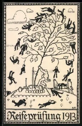 Künstler-AK Basel, 5c Obere Realschule, Reifeprüfung 1913, Schüler fallen aus einem Baum