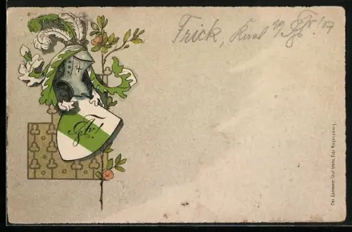 AK Studentenwappen in Grün und Weiss mit Ritterhelm