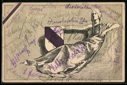 AK Studentenwappen in Lila und Weiss von Dame gehalten