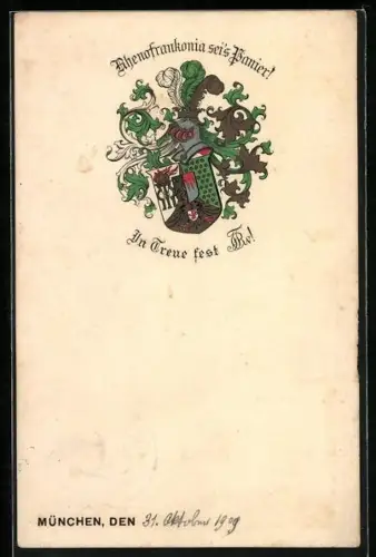 Künstler-AK München, Studentenwappen mit Helm, Rhenofrankonia sei`s Panier